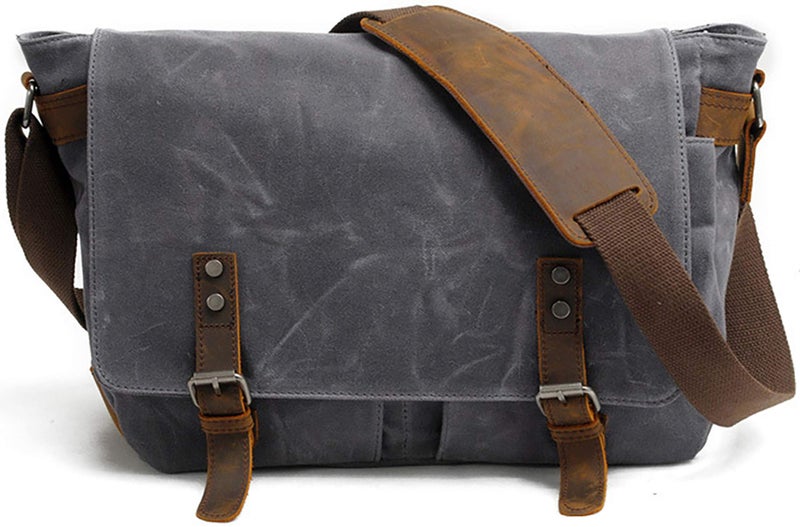 HuaChen Men's Canvas Leather Messenger Bag Shoulder Crossbody Laptop Bag Satchel 14 Inch - M49_Dark Gray - Image 1